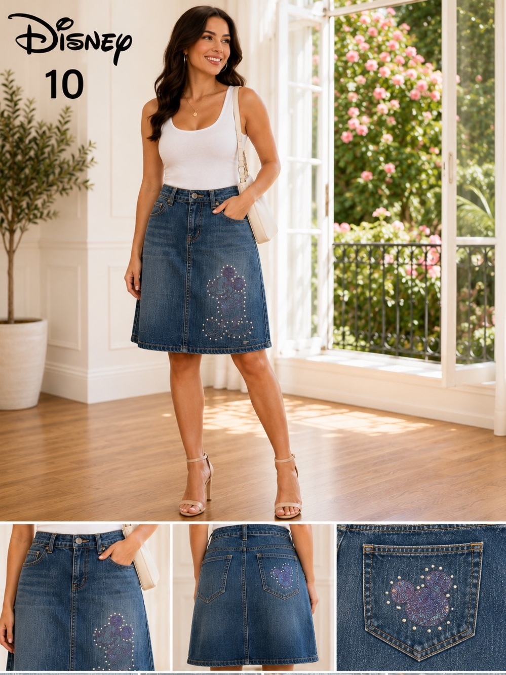 Disney Denim Mickey Mouse Glitter Rhinestone A-Line Skirt Size 10